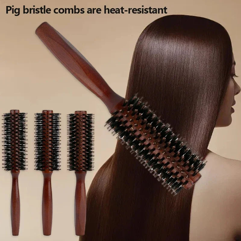 Boar Bristle Curly Hair Brush Women Wooden Hair Comb Anti-static Roller Hairbrush Barber Hairdressing Combs Salon Styling Tools