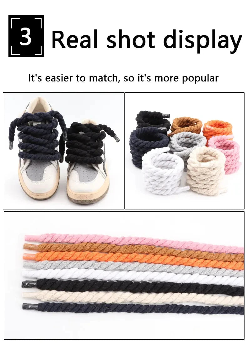 0.8CM Thick Round Shoelaces Quality solid color Cotton Shoelace Running Sneakers Laces 100/120/140CM Boots Shoelace 1Pair/2Pair