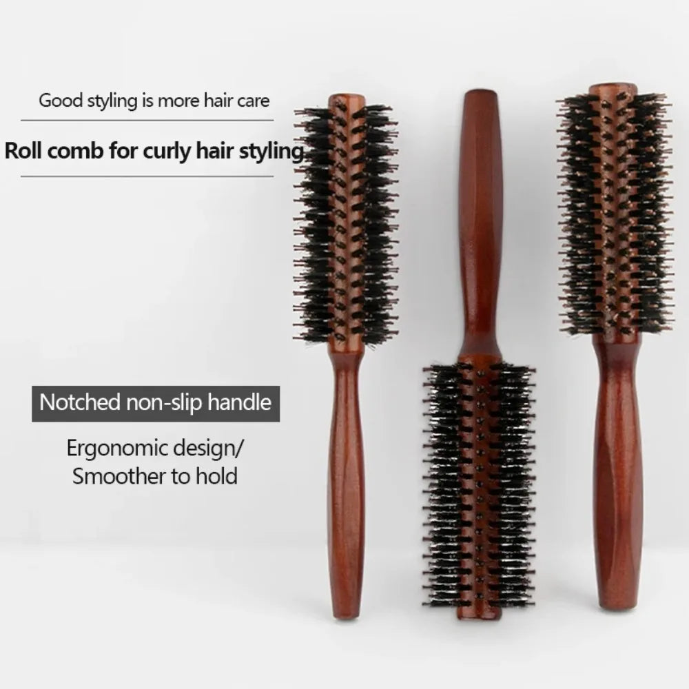 Boar Bristle Curly Hair Brush Women Wooden Hair Comb Anti-static Roller Hairbrush Barber Hairdressing Combs Salon Styling Tools
